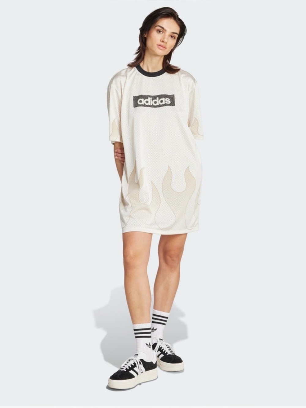 adidas Cream Mesh T-Shirt Dress with Black Trim and Flame Graphics